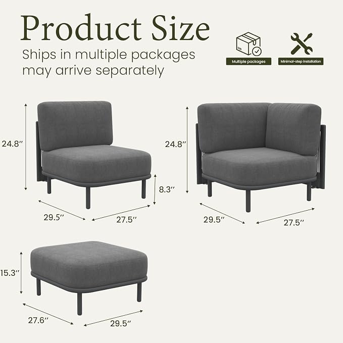 LayinSun 7 Pieces Patio Furniture Set, Modern Outdoor Modular Sectional Conversation Set L-Shaped Sofa with 7-inch Cushion for Garden Backyard Deck