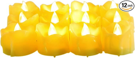12 Battery Operated Flameless LED Votive Tealight Candles with Timer Realistic Flickering Electric Tea Lights Set Bulk Baptism Wedding Party Decoration Kitchen Home Decor Centerpieces Batteries Incl.
