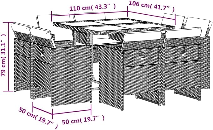 9-Piece Outdoor Patio Furniture Set with Tempered Glass Table & Foldable Chairs, Beige Poly Rattan Dining Set for Garden Backyard Balcony, Weather-Resistant PE Wicker with Cream Cushions