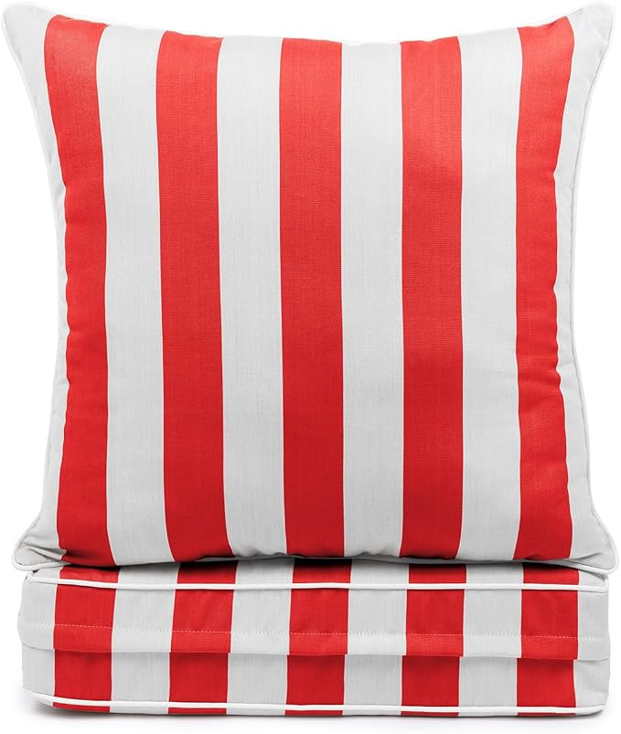 Sherry Kline Cabana Stripe Deep Seat Cushion Set, Reversible Outdoor Patio Replacement Cushions with Contrast Cord, Zippered Removable Seat Cover, 23x24x5 Seat + 25x25 Back, Made in USA - Red/White
