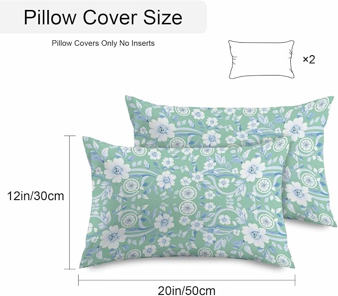 Light Green Blue Floral Waterproof Outdoor Pillow Covers Set of 2 Home Decor, Vintage Pastoral Botanical Pillowcase Patio Pillow Covers for Couch Bench Furniture Garden 20x12in