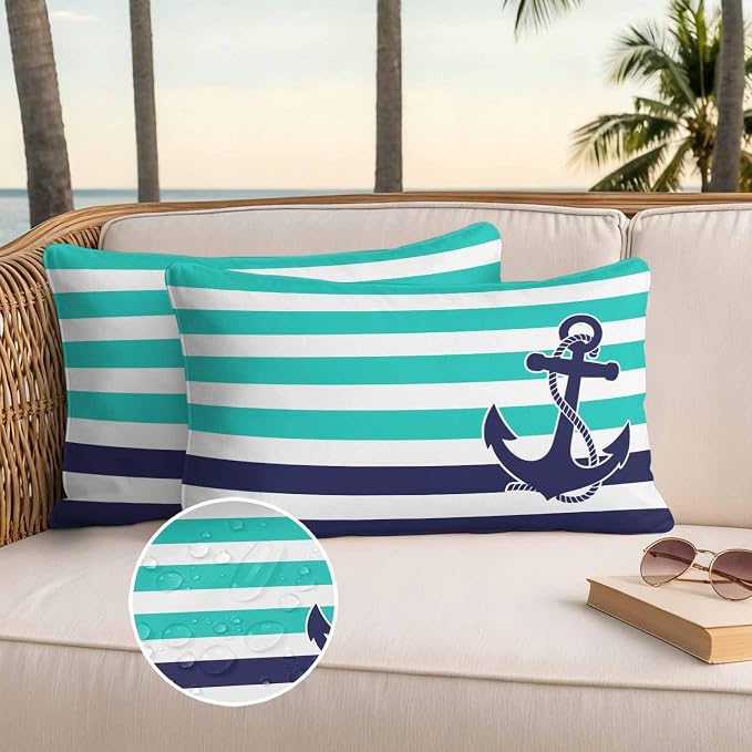 Lumbar Pillow Covers 20x12 Inch Set of 2, Anchor Turquoise Waterproof Outdoor Cushion Covers, Modern Navy Blue White Striped Nautical Decorative Pillowcases for Couch, Sofa, Bed, Garden, Patio