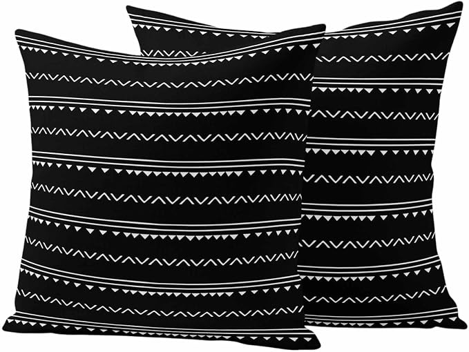 Black Boho Outdoor Waterproof Throw Pillow Covers Set of 2, 20"x20", Geometric Stripes Triangle Decorative Pillow Covers Outside Cushion Case for Patio Porch Garden