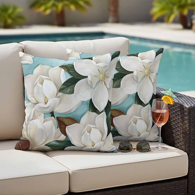 Outdoor Pillow Covers Waterproof, Close-up Blooming White Magnolia with Green Leaves All Weather Cushion Case Set of 2, Oil Painting Flower Decorative Pillowcases for Sofa Patio Furniture 24"x24"