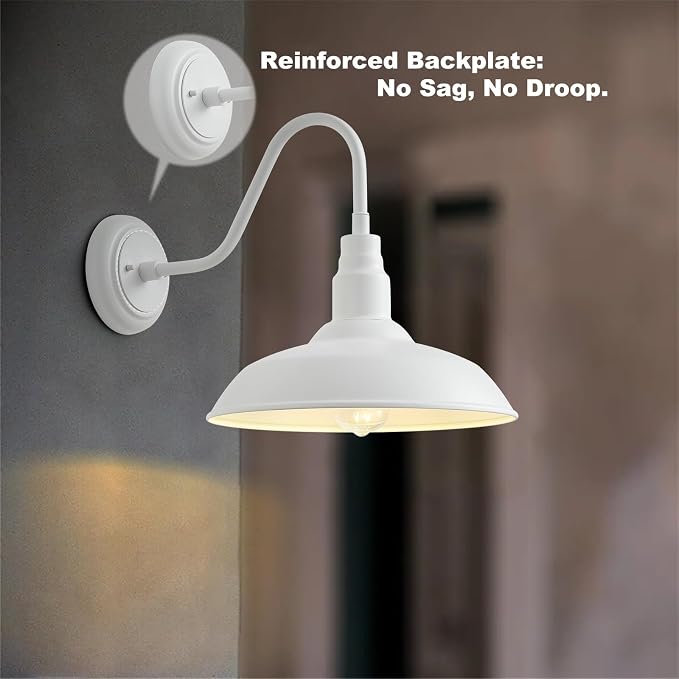 14 Inch Dome Outdoor Gooseneck Barn Light Fixture for Farmhouse, White Exterior Goose Neck Wall Mount Lights for Porch, Barn Style Wall Sconce Lighting for Patio, Garage