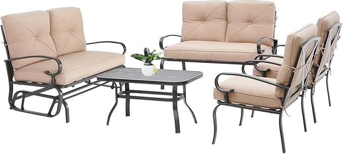 5Pcs Patio Conversation Set Outdoor Wrought Iron Furniture Set with 1 Glider,1 Loveseat, 2 Single Chairs, and Coffee Table, for Courtyard, Garden, Backyard(Brown)