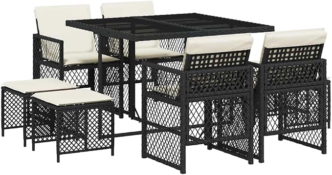 9-Piece Patio Dining Set, 8 Person Outdoor Table and Chairs Cube Set with Tempered Glass Tabletop and Removable Cushions, Modern PE Rattan Furniture for Garden, Backyard and Terrace, Black