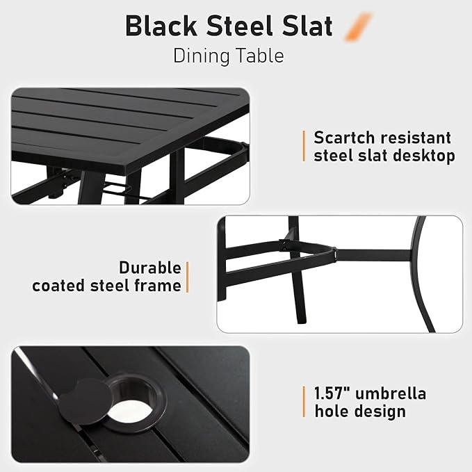 7 Pieces Patio Metal Furniture Outdoor Dining Set with 6 Stackable Bistro Chairs, 60'' x 37'' Rectangle Table and 10Ft Dark Blue Umbrella