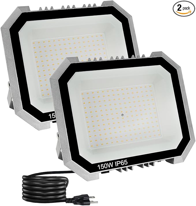 Leddictive 2 Pack LED Flood Lights Outdoor, 150W 15000LM Super Bright Floodlight Outside Work Light with 5.9FT Plug, IP65 Waterproof 6000K Outdoor LED Flood Light for Garage, Yard, Lawn, Garden