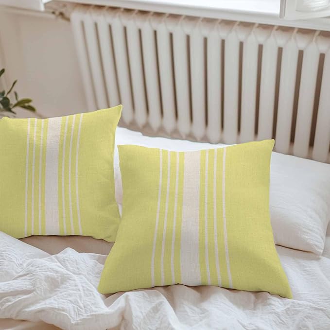 Vandarllin Outdoor Throw Pillows Covers 16x16 inch Set of 2 Waterproof Yellow Vertical Stripes Decorative Zippered Cushion Covers for Patio Furniture, Classic Striped Linen Lumbar Pillowcases