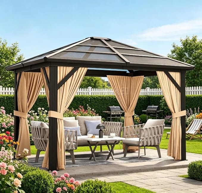 GAOMON 10x12ft Gazebo, Hardtop Outdoor Canopy Aluminum Frame Permanent Gazebo with Netting and Curtains, Polycarbonate Garden Tent for Patio, Lawn, Backyard, Deck (10'x12')