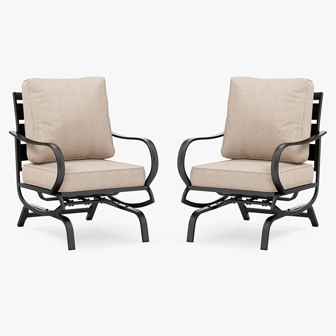 MFSTUDIO Metal Patio Conversation Sets, Outdoor Furniture Sofas Set of 2, 2 Pieces Durable Steel Frame Patio Rocking Chairs with 5.8" Beige Cushions for Patio Garden Backyard Balcony