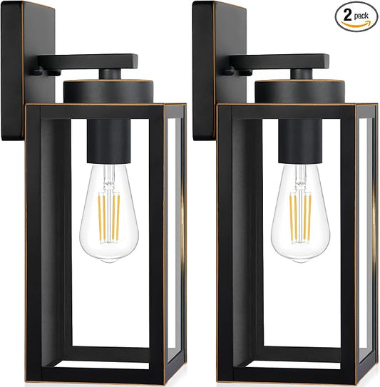 BesLowe Outdoor Wall Light Fixtures, Porch Lights Black with Gold Trim | Waterproof Metal Construction, Rust-resistant, Quick & Easy Installation, Clear Glass Shades & Standard E26 Socket