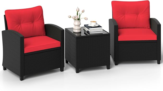 ORALNER 3 Pieces Patio Furniture Set, Wicker Conversation Set Outdoor Chairs with Cushions, Glass Coffee Table, Rattan Bistro Set for Front Porch Balcony Garden Deck Poolside (Red)