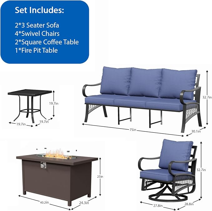 9 Piece Patio Furniture Set, 4 Single Swivel Chairs, Rope Braided Exposed with Thick Cushions, Outdoor All Weather Patio Conversation Sectional Sofa Set for Garden, Porch, Lawn, Blue