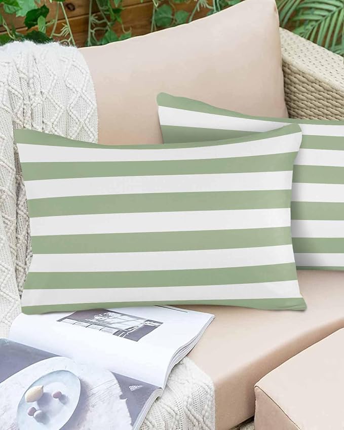 Outdoor Pillows 20x12 Waterproof Outdoor Pillow Covers Spring Stripes Green Polyester Throw Pillow Covers Garden Cushion Decorative Case for Patio Couch Decoration Set of 2 Sage Green