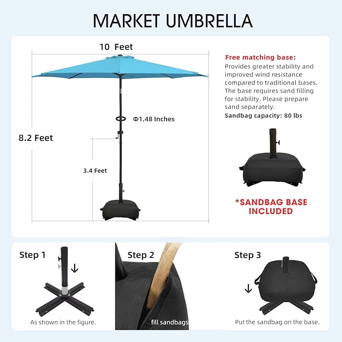 wikiwiki 10FT Patio Umbrella with Base, Outdoor Umbrellas with Base Included, 8 Sturdy Ribs, Waterproof Fade Resistant POLYESTER DTY Canopy for Deck, Lawn, Garden, Backyard & Pool, Sky Blue