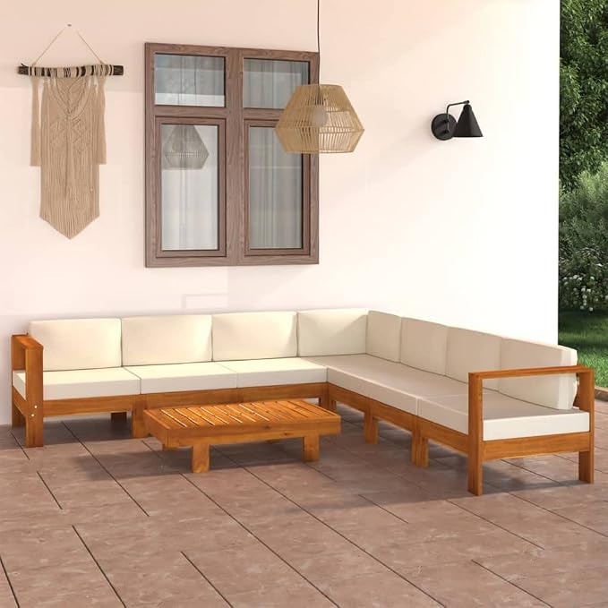 8 Piece Patio Lounge Set with Cream White Cushions,Outdoor Couch,Patio Bar Set,Modern Outdoor Furniture,Dining Bench with Back,Bistro Set,for Patio Deck Garden,Backyard & Lawn,Acacia Wood