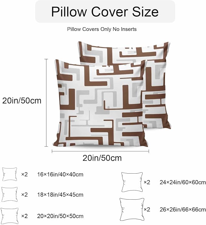 Vandarllin Outdoor Throw Pillows Covers 26x26 inch Set of 2 Waterproof Brown Geometric Stripes Decorative Zippered Cushion Covers for Patio Furniture, Modern Abstract Lines Lumbar Pillowcases