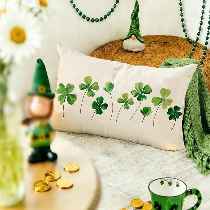 RABUSOFA St Patricks Day Clovers Pillow Covers 12x20 Inch Waterproof for Outside, Shamrock White Outdoor Farmhouse Indoor Spring Lumbar Cushion Cases Decoration for Sofa Couch (White, 12" x 20")