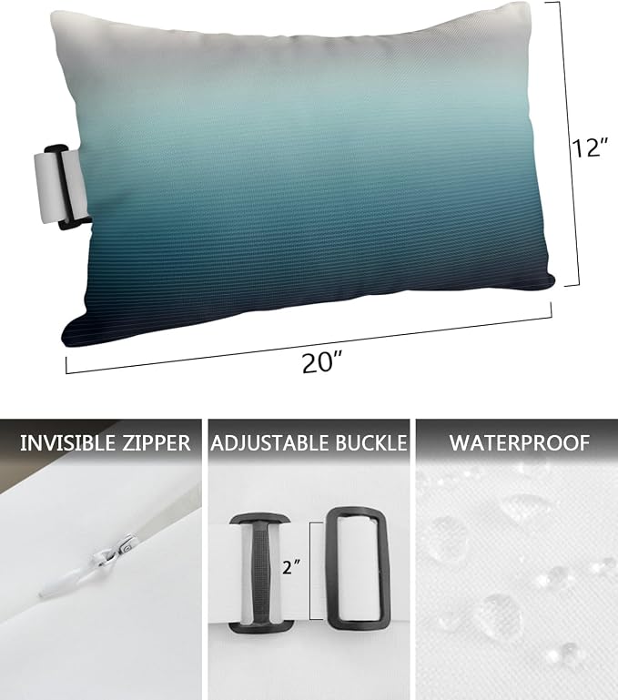 Outdoor Pillows Covers with Inserts Grey Turquoise Stripe Gradient Waterproof Recliner Pillow with Adjustable Strap Throw Pillows for Patio Furniture Pool Lounge Chair, 12x20 inch, 1PCS