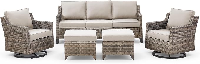 Outdoor Patio Furniture Set-5 Pieces All-Weather Wicker Outdoor Furniture with Swivel Patio Chairs Outdoor Patio Conversation Sets for Garden Porch Deck Grey/Beige