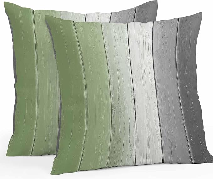 Throw Pillow Covers 20x20 Inch Set of 2, Sage Green Gray Ombre Waterproof Outdoor Cushion Covers, Vintage Country Wooden Decorative Pillowcases for Couch, Sofa, Bed, Garden, Patio