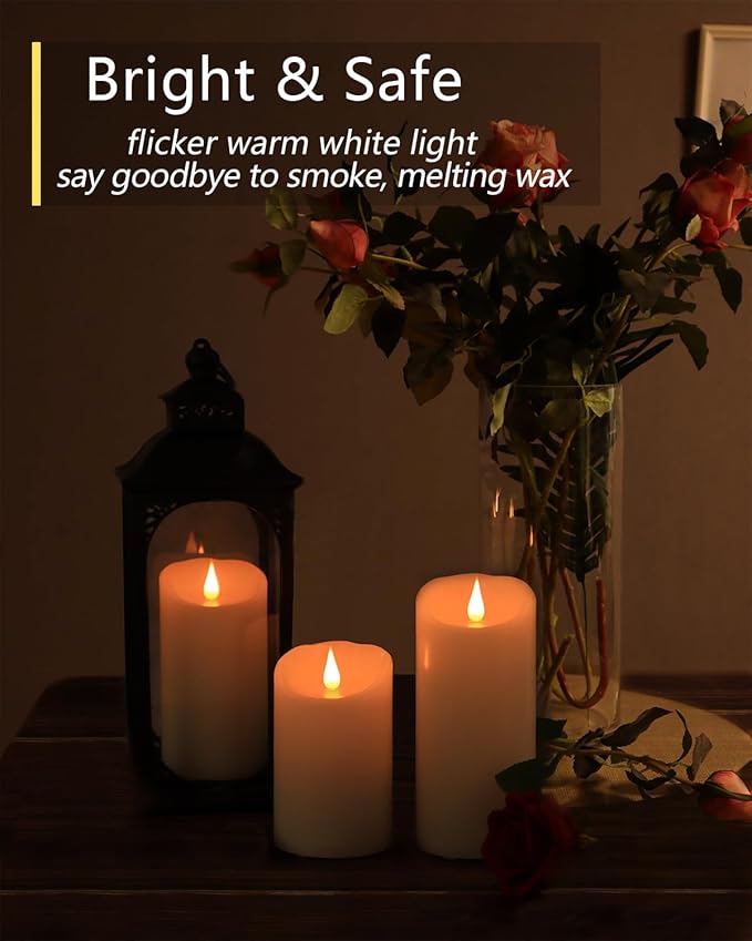 TECHLONG Flameless Candles Flickering 3D Moving Flame, Last 1000+ Hours Battery Operated Candles with Timer, Ivory Real Wax Electric LED Pillar Candles for Home Wedding Decoration | 3" x 6"
