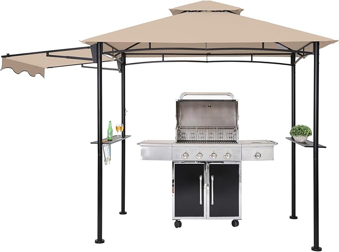 FAB BASED 5x8 Grill Gazebo with Extra Awning, All-Weather Steel Construction, Double Tiered & Resistant Canopy Roof, Metal Serving Shelves, 2 LED, Bottle Opener for Patio, Backyard, BBQ (Khaki)