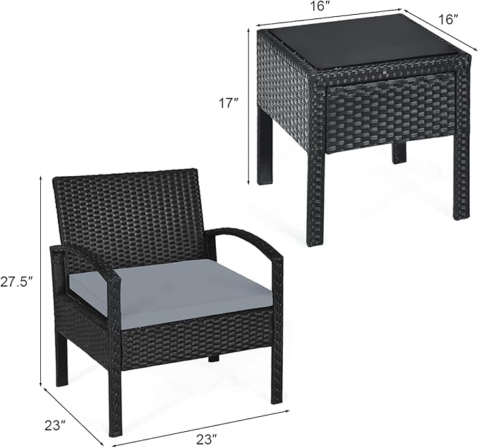 Tangkula 3 Piece Patio Conversation Set, Outdoor Rattan Sofa Set with Seat Cushions & Coffee Table, Patio Wicker Furniture Set for Garden Balcony Backyard Poolside (Grey)