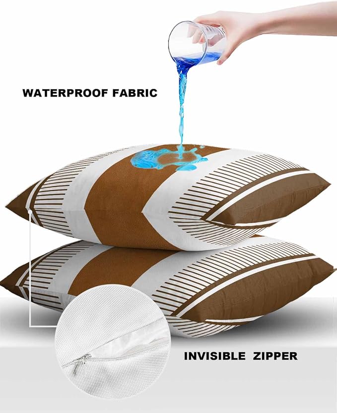Outdoor Waterproof Throw Pillow Covers 24x24in, Boho Brown Farmhouse Cushions for Garden Patio Furniture Chairs Set of 2, Stripes and Leather Texture Home Decor Couch Sofa Polyester Pillow Cases