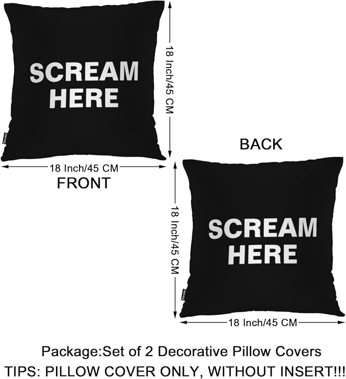 Swono Scream Here Pack of 2 Throw Pillow Cases, Funny Words Cozy Pillow Cover Square 18"X18" Cushion Case Set Pillowcase Decorative for Home Sofa Bedroom Car Office, Black White