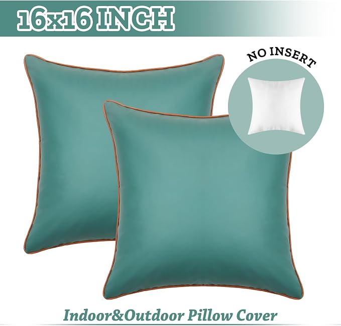 Pack of 2 Waterproof Silicone Leather Pillow Covers 16x16 Inches Fade-Resistant Durability Decorative Covers for Outdoor Garden Cushions Sunbrella Benches Patio Sofas Tents, Dark Green