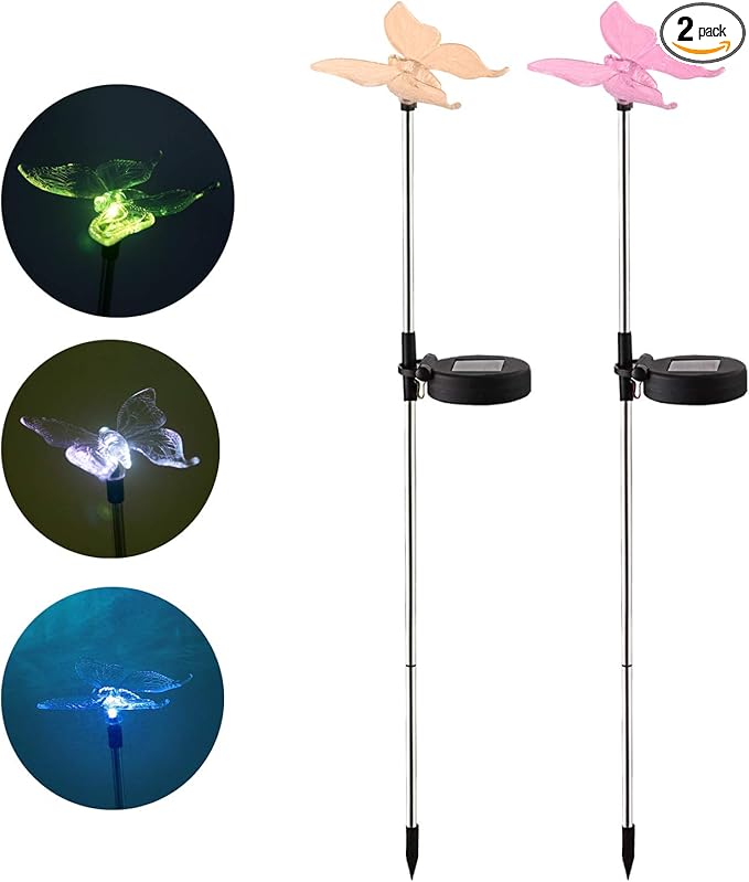 CANDLE CHOICE Solar Powered Landscape LED Lights Outdoor Waterproof Color Changing Garden Stake Lights for Outside Yard Lawn Flowerbed Plant Path Christmas Decorations Figurine Butterfly 2 Pack