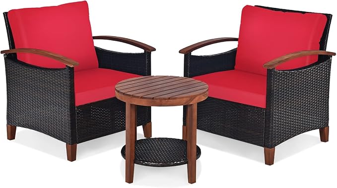COSTWAY 3PCS Patio Rattan Furniture Set, Outdoor Solid Wood Frame Cushion Sofa with Round Table for Garden Porch Backyard Poolside (Red)