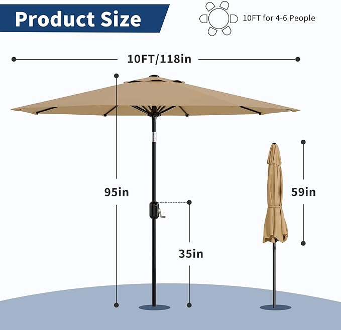 CABIHOME 10 ft Outdoor Patio Umbrella, Outdoor Table Umbrella with 8 Sturdy Ribs | Crank Lift & Push Button Tilt, Yard Umbrella, Market Umbrella for Garden Pool Deck Yard