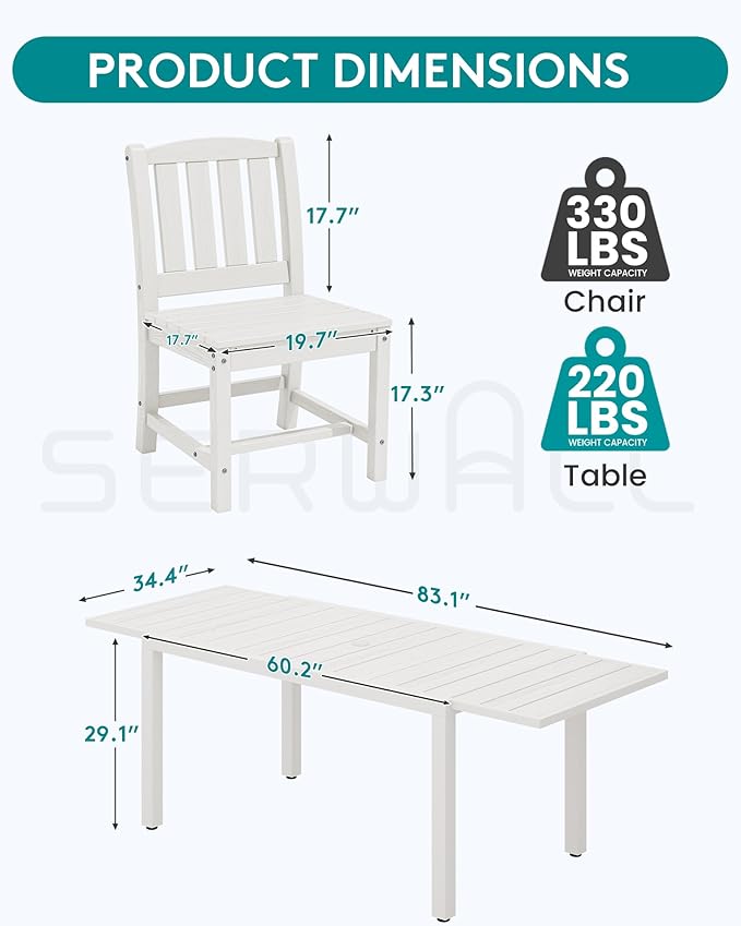 SERWALL 9-Piece Outdoor Dining Set, 60" - 83" Expandable Outdoor Dining Table and 8 HDPE Chairs, All Weather HDPE Outdoor Furniture Set for Backyard, Garden, White