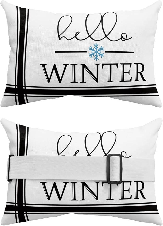 Outdoor Pillows Covers with Inserts Christmas Hello Winter Snowflake Black Line Waterproof Recliner Pillow with Adjustable Strap Throw Pillows for Patio Furniture Pool Lounge Chair, 11x16 inch, 1PCS