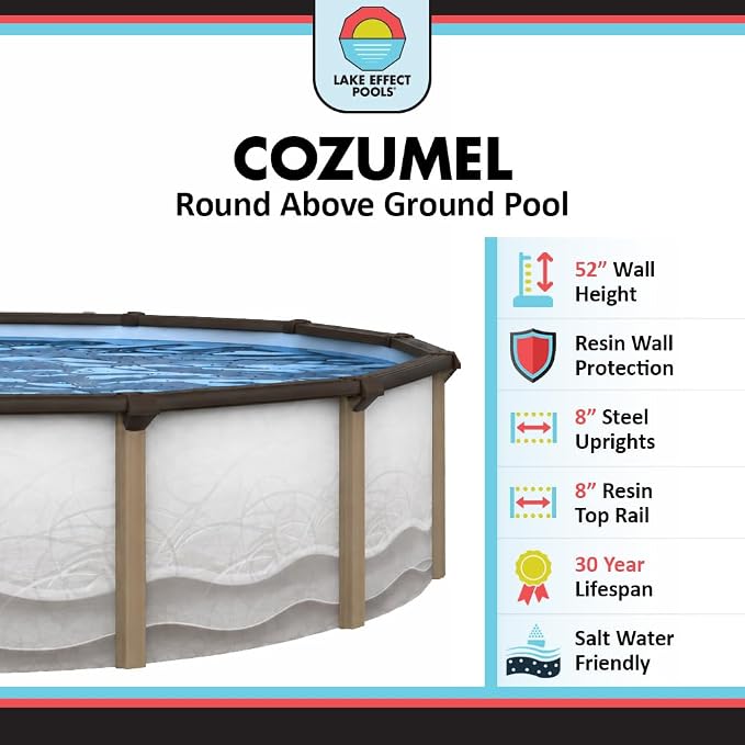 Lake Effect Pools 'Cozumel' 24 ft Round Above Ground Swimming Pool | 52 Inch Resin Protected Steel Sided Walls | Bundle Includes: 25 Gauge Overlap Liner & Widemouth Skimmer