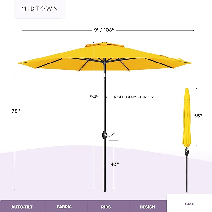 Midtown Umbrellas - The Lean 9 Ft Patio Umbrella with Fade-Resistant Sunbrella Fabric, Auto-Tilt Aluminum Frame and 8 Reinforced Ribs for Deck, Pool & Garden - Yellow Canopy, Black Pole