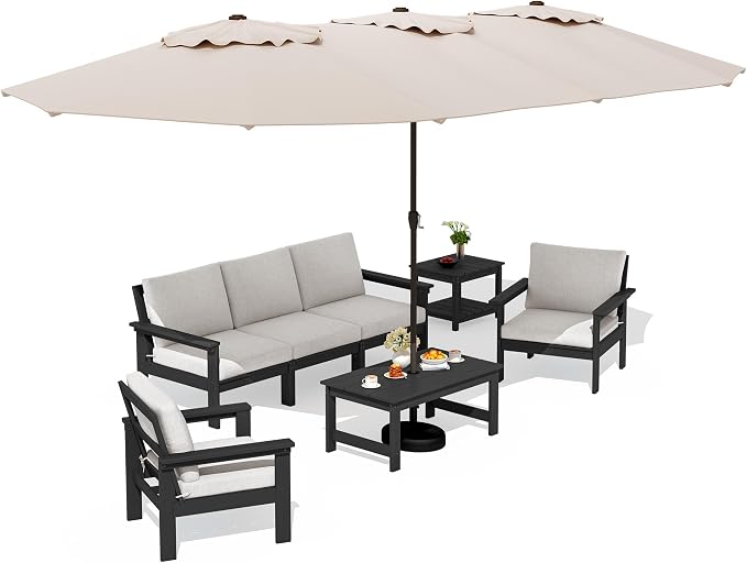 SERWALL HDPE Outdoor Couch with Coffee Table & Side Table & 15FT Umbrella