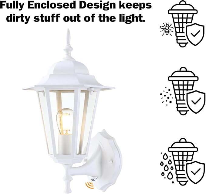 GRUENLICH Outdoor Wall Light Fixture, Rustproof Aluminum, Glass | Dusk to Dawn Exterior Porch Light Wall Sconce Lantern for House, Patio, Garage, Waterproof, E26 Socket 60W Max, White, 1 Pack