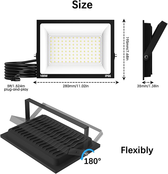 100W Flood Light Outdoor: 2 Pack 10000LM Bright LED Plug-in Flood Light, IP66 Waterproof, 100-265V, 6500K Daylight White, Plug-and-Play, Heat Dissipation, Ideal for Yard, Garage, Stadium