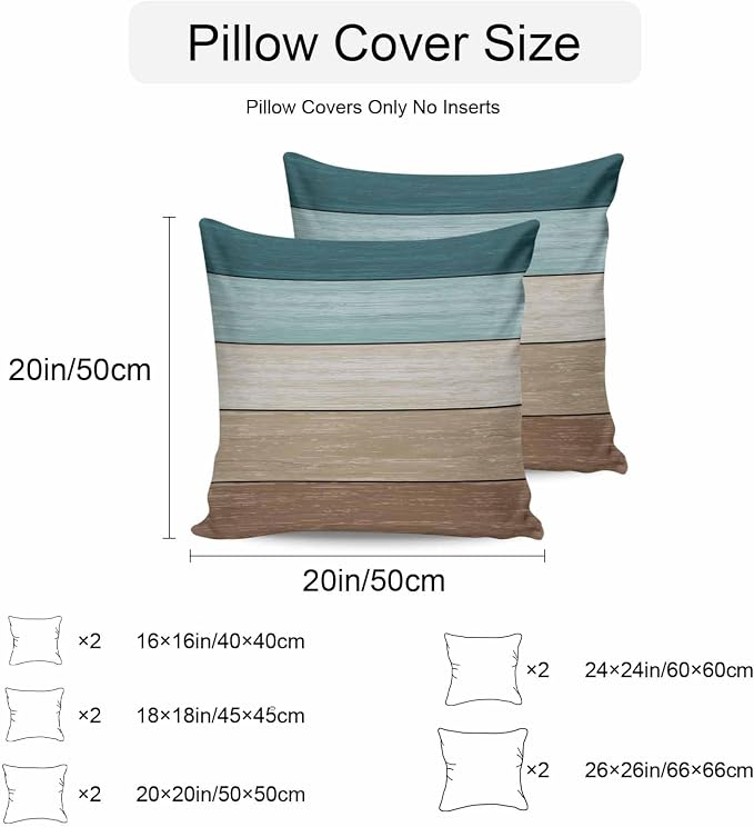 Vandarllin Outdoor Throw Pillow Covers 26X26 Set of 2 Waterproof Teal Blue Brown Decorative Zippered Cushion Covers for Patio Furniture, Farmhouse Retro Rustic Barn Wood Texture Lumbar Pillowcases