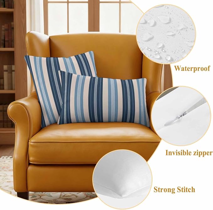Blue Beige Striped Waterproof Outdoor Pillow Covers Set of 2 Home Decor, Modern Stripes Art Farmhouse Pillowcase Patio Pillow Covers for Couch Bench Furniture Garden 16x16in