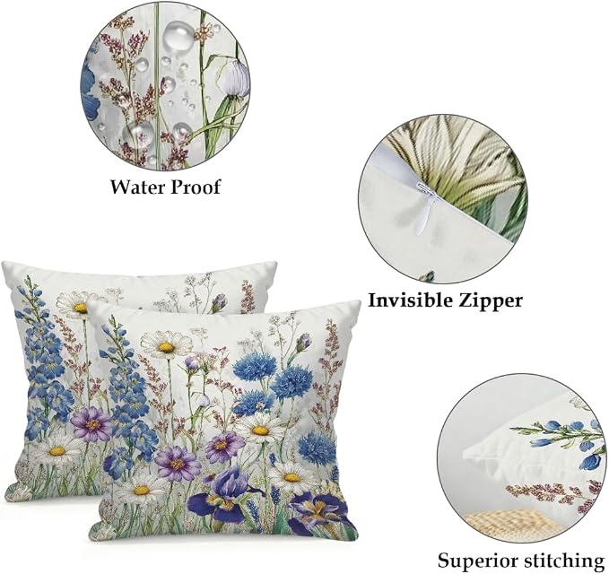 18x18 Inch Outdoor Pillow Covers Set of 2 Waterproof Throw Pillow Covers Decorative Couch Cushion Covers Watercolor Wildflowers Art Square Pillowcases Protectors for Patio Garden Sofa