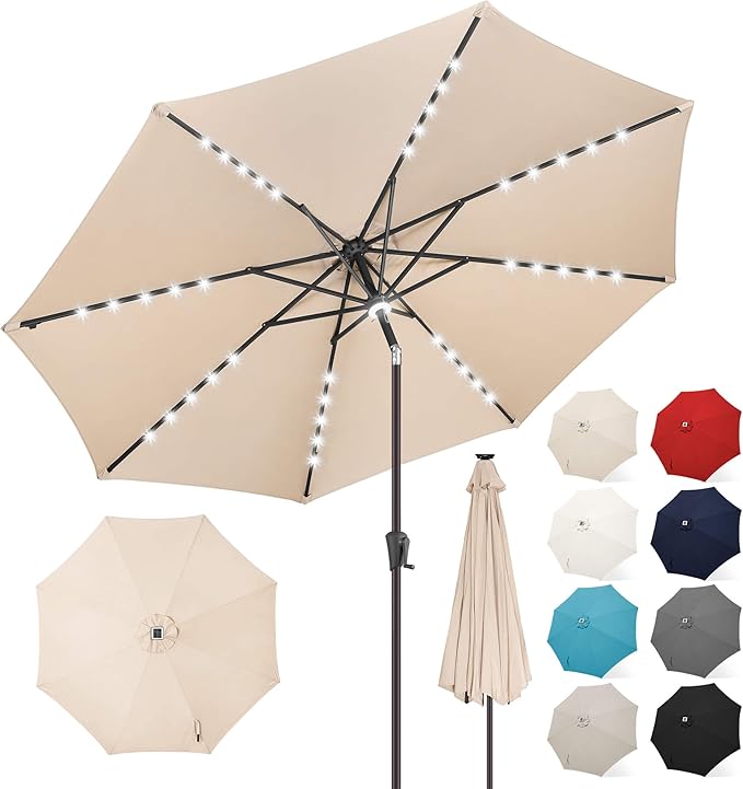FLAME&SHADE 11 FT Solar Light Patio Umbrella, 40 LED lights outdoor umbrella with Centre Surround Light, Table Market Umbrella for Deck, Pool, Porch, Backyard, Garden, UV Protection, Beige