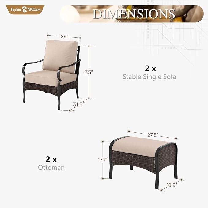 Sophia & William Patio Furniture Set, 4 Piece Metal Outdoor Conversation Set with 2 Sofa Chairs, 2 Ottoman for Outdoor Seating, Backyard, Porch(Beige)