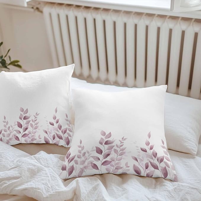 Pink Eucalyptus Outdoor Waterproof Throw Pillow Covers 18x18 Set of 2, Leaf Plants Watercolor Plant White Decorative Pillowcases Cushion Pillowcase for Couch Sofa Patio Outside Pillow Protector