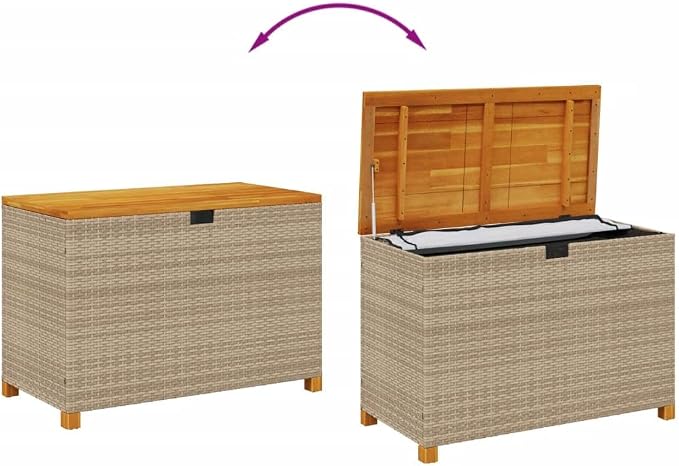 Patio Storage Box Beige 43.3"x21.7"x24.8" Poly Rattan Acacia Wood,Garden Storage Box with Bench Durable PE Rattan and Acacia Wood for Outdoor Patio Storage Boxes, Storage Boxes,
